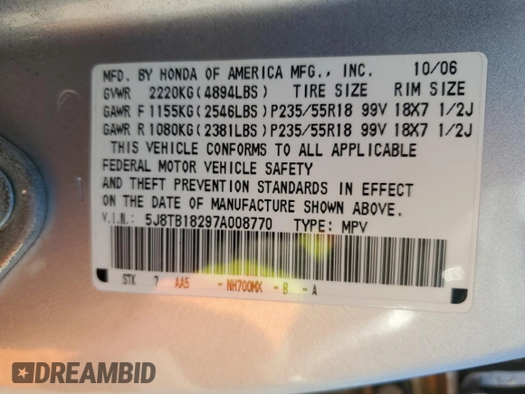 2007 Acura RDX with VIN 5J8TB18297A008770, listed as a Copart auction lot 53571265 with 208,195 mi miles and Salvage Title. Bid and sale history available at DreamBid. Image 15.