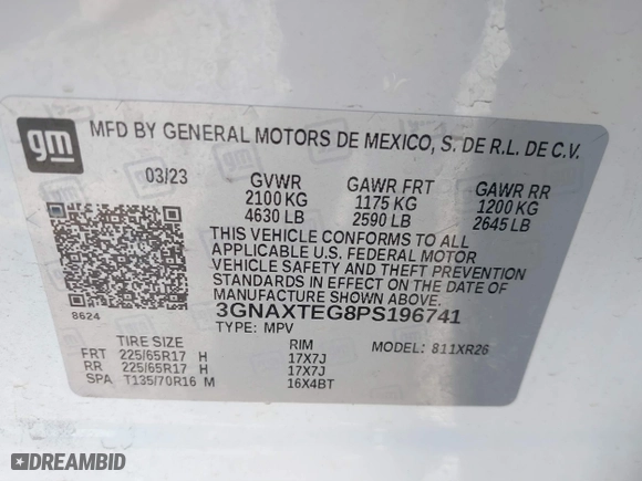 2023 Chevrolet Equinox LT with VIN 3GNAXTEG8PS196741, listed as a IAAI auction lot 41621704 with 48,741 mi miles. Bid and sale history available at carsss.com. Image 9.