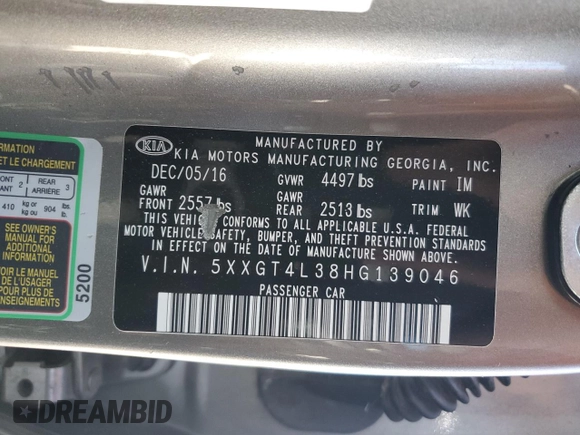 2017 Kia Optima LX with VIN 5XXGT4L38HG139046, listed as a Copart auction lot 57180555 with 105,007 mi miles and Clean title. Bid and sale history available at DreamBid. Image 13.
