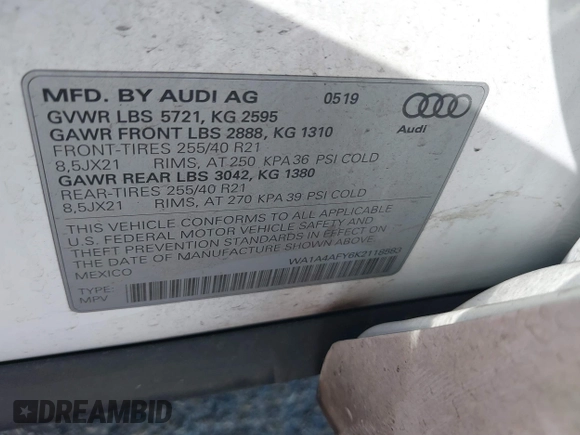 2019 Audi SQ5 Premium with VIN WA1A4AFY6K2118583, listed as a IAAI auction lot 41884718 with 101,266 mi miles and . Bid and sale history available at DreamBid. Image 9.
