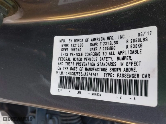 2017 Honda Accord Sedan Sport with VIN 1HGCR2F55HA274741, listed as a IAAI auction lot 41928704 with 130,173 mi miles. Bid and sale history available at carsss.com. Image 9.