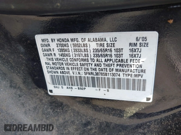 2005 Honda Odyssey EX-L with VIN 5FNRL38785B113074, listed as a IAAI auction lot 41907648 with 305,956 mi miles and . Bid and sale history available at DreamBid. Image 9.