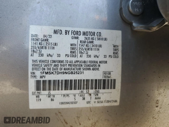 2022 Ford Explorer XLT with VIN 1FMSK7DH9NGB25231, listed as a Copart auction lot 56919975 with 86,593 mi miles and Salvage title. Bid and sale history available at DreamBid. Image 13.
