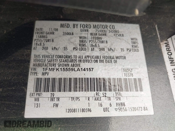 2009 Ford Expedition EL XLT with VIN 1FMFK15559LA14157, listed as a IAAI auction lot 42005116 with 237,579 mi miles. Bid and sale history available at carsss.com. Image 9.