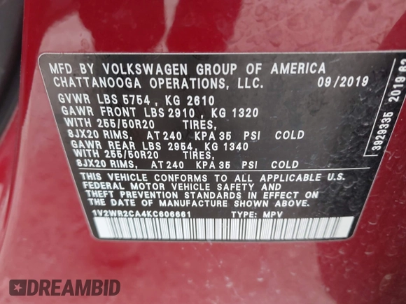 2019 Volkswagen Atlas SE with VIN 1V2WR2CA4KC606661, listed as a IAAI auction lot 42581054 with 89,079 mi miles and . Bid and sale history available at DreamBid. Image 9.