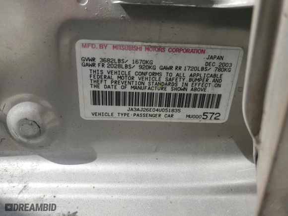 2004 Mitsubishi Lancer ES with VIN JA3AJ26E04U051835, listed as a Copart auction lot 69887714 with 237,038 mi miles and Non Repairable. Bid and sale history available at carsss.com. Image 12.