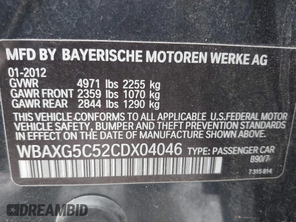 2012 BMW 5 Series 528i z VIN WBAXG5C52CDX04046, wystawiony jako IAAI lot #42241128 z przebiegiem 163 922 mil mil oraz . Historia ofert i sprzedaży dostępna na DreamBid. Obrazek 9.