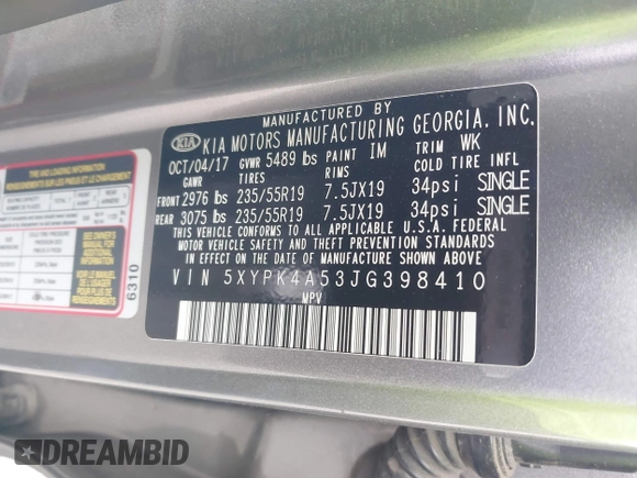 2018 Kia Sorento SX with VIN 5XYPK4A53JG398410, listed as a IAAI auction lot 42238662 with 129,638 mi miles and . Bid and sale history available at DreamBid. Image 9.
