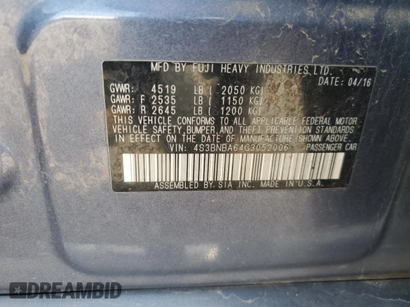 2016 Subaru Legacy 2.5i with VIN 4S3BNBA64G3052006, listed as a Copart auction lot 60080995 with 66,488 mi miles and Salvage title. Bid and sale history available at DreamBid. Image 12.