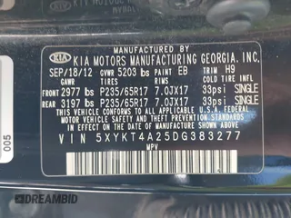 2013 Kia Sorento LX with VIN 5XYKT4A25DG383277, listed as a IAAI auction lot 42038106 with 108,166 mi miles. Bid and sale history available at carsss.com. Image 9.