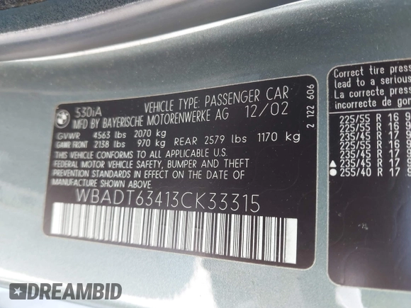 2003 BMW 5 Series 530iA with VIN WBADT63413CK33315, listed as a IAAI auction lot 42064612 with 205,426 mi miles. Bid and sale history available at carsss.com. Image 9.
