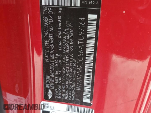 2010 MINI Convertible с VIN WMWMR3C56ATU97164, выставлен на аукционе Copart как лот 83908904 с пробегом 153 936 миль миль и Списание • Salvage title. История ставок и продаж доступна на DreamBid. Изображение 12.