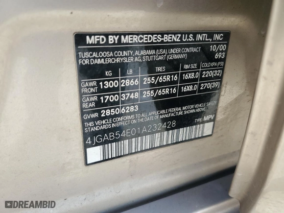 2001 Mercedes-Benz M-Class with VIN 4JGAB54E01A232428, listed as a Copart auction lot 48824905 with 280,933 mi miles and Salvage Title. Bid and sale history available at carsss.com. Image 13.