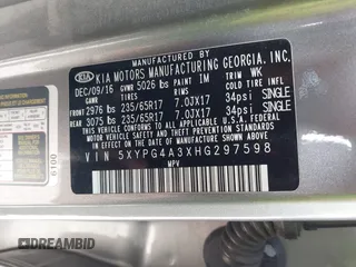 2017 Kia Sorento LX with VIN 5XYPG4A3XHG297598, listed as a IAAI auction lot 42029607 with 104,157 mi miles. Bid and sale history available at carsss.com. Image 9.