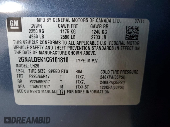 2012 Chevrolet Equinox 1LT z VIN 2GNALDEK1C6101810, wystawiony jako Copart lot #57184325 z przebiegiem 115 839 mil mil oraz Szkody całkowita. Historia ofert i sprzedaży dostępna na DreamBid. Obrazek 12.