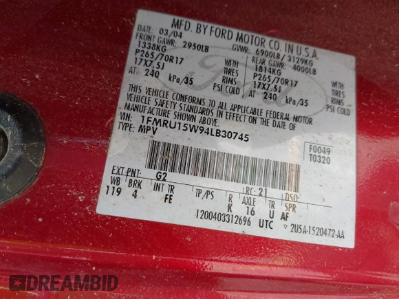 2004 Ford Expedition Special Service with VIN 1FMRU15W94LB30745, listed as a IAAI auction lot 42562110 with 281,634 mi miles and . Bid and sale history available at DreamBid. Image 9.