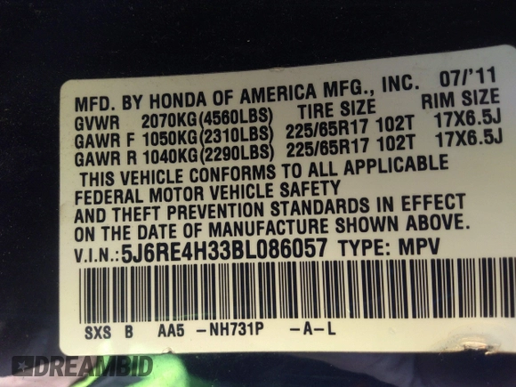 2011 Honda CR-V LX with VIN 5J6RE4H33BL086057, listed as a IAAI auction lot 41782247 with 169,758 mi miles. Bid and sale history available at carsss.com. Image 9.