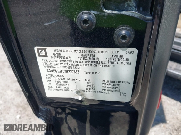 2003 Chevrolet Avalanche with VIN 3GNEC13T03G327322, listed as a IAAI auction lot 42309223 with 223,727 mi miles and . Bid and sale history available at DreamBid. Image 9.