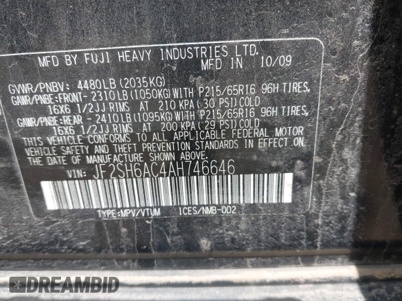 2010 Subaru Forester X с VIN JF2SH6AC4AH746646, выставлен на аукционе IAAI как лот 42272272 с пробегом 193 319 миль миль и . История ставок и продаж доступна на DreamBid. Изображение 9.