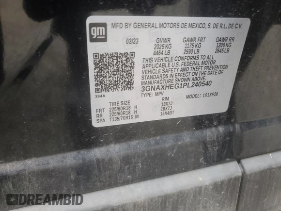 2023 Chevrolet Equinox LS with VIN 3GNAXHEG1PL240540, listed as a Copart auction lot 59758635 with 39,909 mi miles and Salvage title. Bid and sale history available at DreamBid. Image 14.