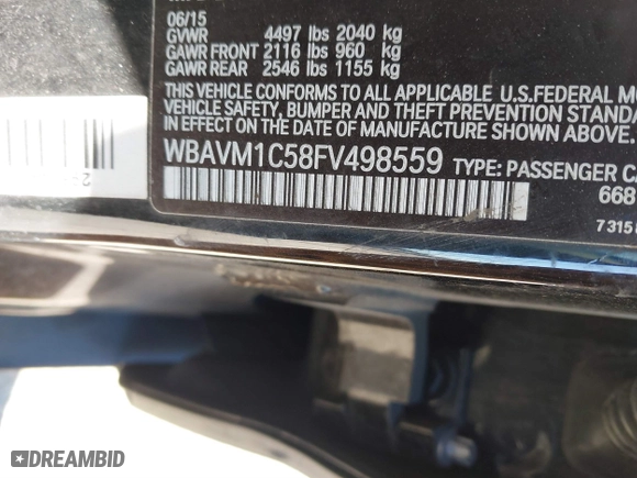 2015 BMW X1 sDrive28i with VIN WBAVM1C58FV498559, listed as a IAAI auction lot 41208638 with 100,452 mi miles. Bid and sale history available at carsss.com. Image 9.