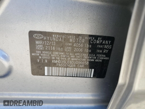 2013 Hyundai Elantra with VIN KMHD35LE6DU096658, listed as a Copart auction lot 61611585 with 145,100 mi miles and Clean title. Bid and sale history available at DreamBid. Image 12.