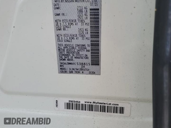 2015 Infiniti QX60 with VIN 5N1AL0MMXFC538815, listed as a Copart auction lot 62143805 with 84,910 mi miles and Salvage title. Bid and sale history available at DreamBid. Image 13.