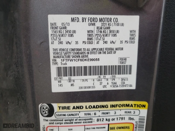 2013 Ford F-150 XL with VIN 1FTFW1CF6DKE99055, listed as a Copart auction lot 47014585 with 169,115 mi miles and Salvage Title. Bid and sale history available at carsss.com. Image 12.