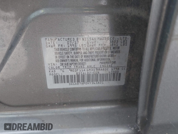 2017 Nissan Sentra S with VIN 3N1AB7AP0HY365821, listed as a IAAI auction lot 42263740 with 93,055 mi miles and . Bid and sale history available at DreamBid. Image 9.