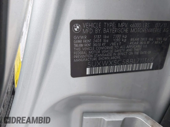 2011 BMW X3 28i with VIN 5UXWX5C58BL711360, listed as a IAAI auction lot 42008123 with 112,622 mi miles and . Bid and sale history available at DreamBid. Image 9.