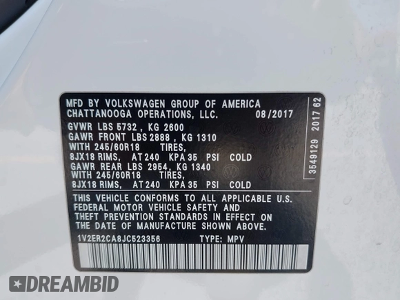 2018 Volkswagen Atlas SEL with VIN 1V2ER2CA8JC523356, listed as a IAAI auction lot 42519862 with 101,374 mi miles and . Bid and sale history available at DreamBid. Image 9.