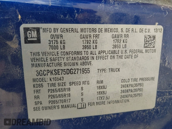 2013 Chevrolet Silverado 1500 LT with VIN 3GCPKSE75DG271955, listed as a IAAI auction lot 41865823 with 1 mi miles. Bid and sale history available at carsss.com. Image 9.