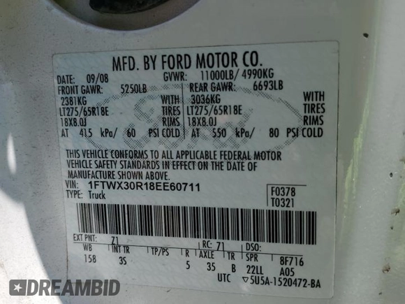 2008 Ford F-350 with VIN 1FTWX30R18EE60711, listed as a Copart auction lot 62953454 with 102,168 mi miles and Clean title. Bid and sale history available at DreamBid. Image 12.