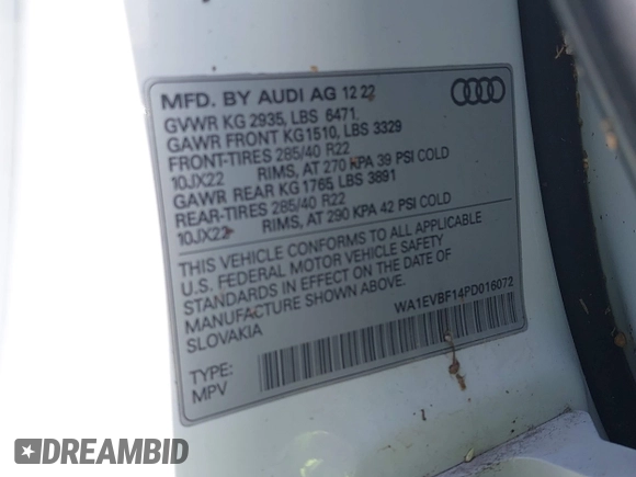 2023 Audi Q8 Premium Plus z VIN WA1EVBF14PD016072, wystawiony jako IAAI lot #41947316 z przebiegiem Nie podano mil oraz . Historia ofert i sprzedaży dostępna na DreamBid. Obrazek 9.