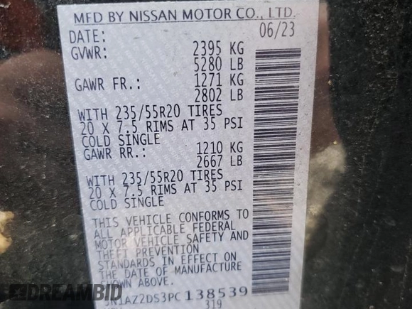 2023 Nissan Murano Platinum z VIN 5N1AZ2DS3PC138539, wystawiony jako Copart lot #51133615 z przebiegiem 19 113 mil mil oraz Szkoda całkowita • Salvage title. Historia ofert i sprzedaży dostępna na DreamBid. Obrazek 13.