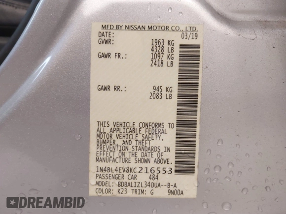 2019 Nissan Altima 2.5 SL with VIN 1N4BL4EV8KC216553, listed as a IAAI auction lot 41365870 with 60,091 mi miles. Bid and sale history available at carsss.com. Image 9.