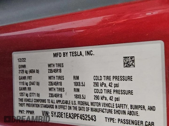 2023 Tesla Model 3 with VIN 5YJ3E1EA3PF452543, listed as a Copart auction lot 55481425 with 97,399 mi miles and Clean Title. Bid and sale history available at DreamBid. Image 12.