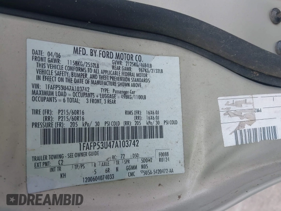 2007 Ford Taurus SE with VIN 1FAFP53U47A103742, listed as a IAAI auction lot 42508685 with 173,590 mi miles and . Bid and sale history available at DreamBid. Image 9.