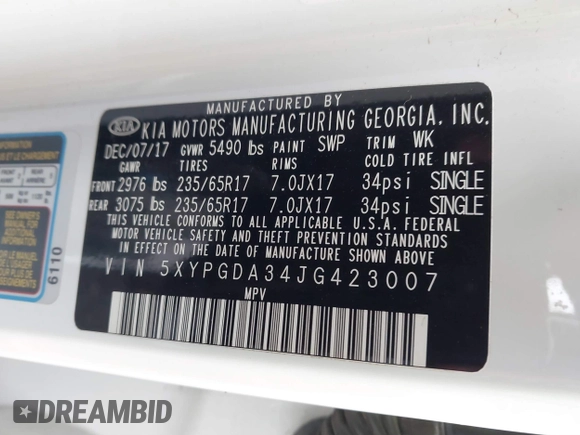 2018 Kia Sorento LX with VIN 5XYPGDA34JG423007, listed as a IAAI auction lot 41552932 with 106,027 mi miles. Bid and sale history available at carsss.com. Image 9.