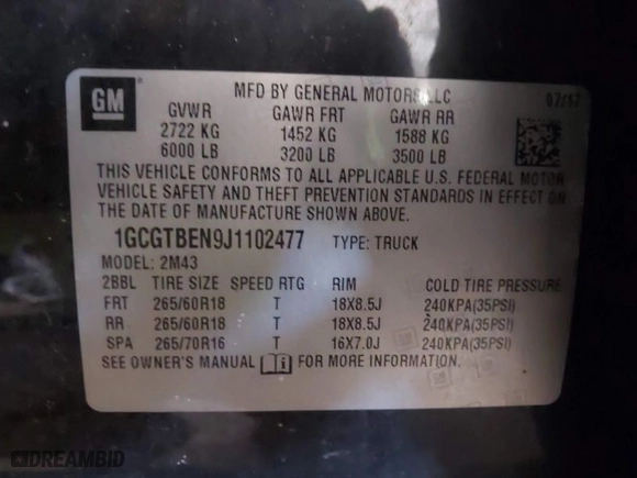 2018 Chevrolet Colorado 4WD Work Truck with VIN 1GCGTBEN9J1102477, listed as a IAAI auction lot 41275132 with 253,267 mi miles. Bid and sale history available at carsss.com. Image 9.
