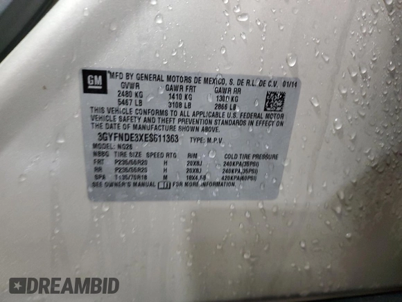 2014 Cadillac SRX Premium Collection с VIN 3GYFNDE3XES611363, выставлен на аукционе Copart как лот 50643475 с пробегом 57 749 миль миль и Списание • Salvage title. История ставок и продаж доступна на DreamBid. Изображение 14.