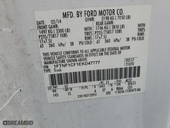 2014 Ford F-150 XL with VIN 1FTNF1CF1EKD47777, listed as a Copart auction lot 89192325 with 230,841 mi miles and Clean Title. Bid and sale history available at carsss.com. Image 12.