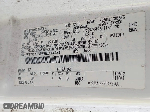 2011 Ford Econoline Cargo Commercial with VIN 1FTNE1EW6BDA44784, listed as a IAAI auction lot 42028659 with 141,661 mi miles and . Bid and sale history available at carsss.com. Image 9.