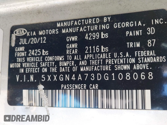 2013 Kia Optima EX with VIN 5XXGN4A73DG108068, listed as a IAAI auction lot 42059774 with 210,179 mi miles and . Bid and sale history available at carsss.com. Image 9.
