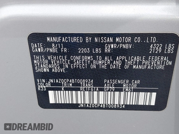 2011 Nissan LEAF SL-e with VIN JN1AZ0CP4BT008934, listed as a IAAI auction lot 42149847 with 103,444 mi miles and . Bid and sale history available at DreamBid. Image 9.