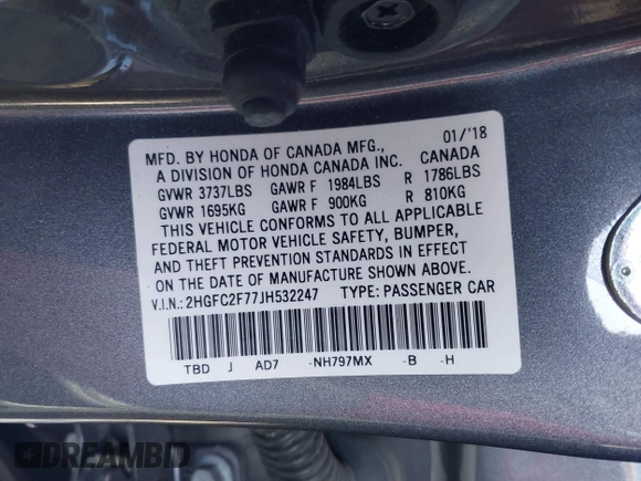 2018 Honda Civic EX with VIN 2HGFC2F77JH532247, listed as a IAAI auction lot 41898233 with 85,768 mi miles and . Bid and sale history available at DreamBid. Image 9.