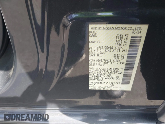 2014 Nissan Frontier SV with VIN 1N6AD0ER8EN756702, listed as a IAAI auction lot 42021294 with 135,143 mi miles and . Bid and sale history available at DreamBid. Image 9.