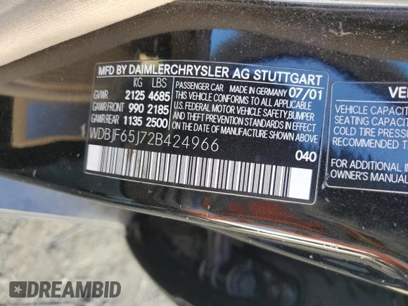 2002 Mercedes-Benz E-Class with VIN WDBJF65J72B424966, listed as a Copart auction lot 89323505 with 199,185 mi miles and Salvage Title. Bid and sale history available at carsss.com. Image 13.