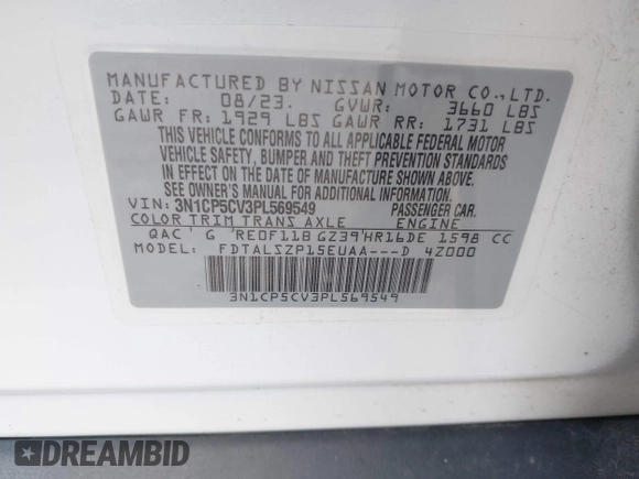 2023 Nissan Kicks SV with VIN 3N1CP5CV3PL569549, listed as a IAAI auction lot 42472905 with Not provided miles and . Bid and sale history available at DreamBid. Image 9.