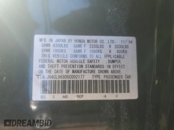 2005 Acura TSX with VIN JH4CL96805C002177, listed as a Copart auction lot 47997335 with 159,682 mi miles and Salvage Title. Bid and sale history available at carsss.com. Image 14.